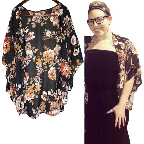 Xhilaration Black Sheer Orange Maroon Fall Open Front Kimono Floral XL/XXL - Picture 2 of 9